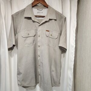 Orvis Sz L Short Sleeve Button Up Shirt Beige Lightweight 100% Polyester Pockets